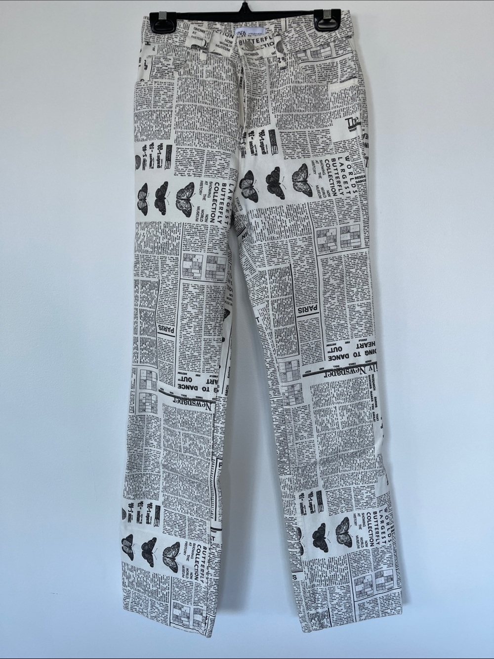 Zara Black & White Newspaper Print Straight Leg Pants